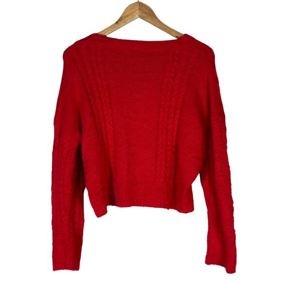 Alya Sweater Womens L Red Fuzzy Cable Knit Cropped Pullover Cozy Holiday Winter - Picture 5 of 7